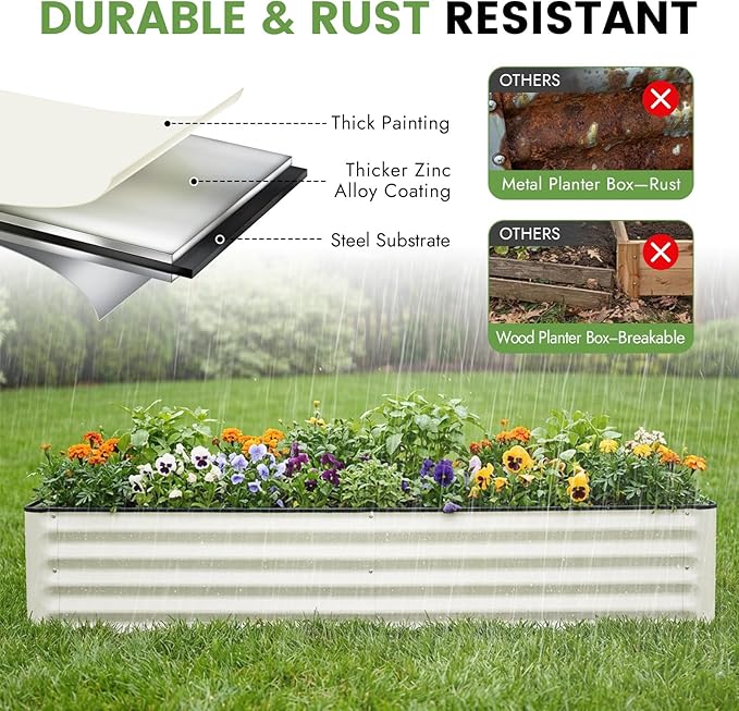 INNO STAGE Galvanized Raised Garden Bed Kits 6x3x1ft Metal Raised Garden Beds Outdoor Large Steel Raised Planter Bed with Gloves for Vegetables &amp Flowers Patio Ground Planter Box (White 2PCS)