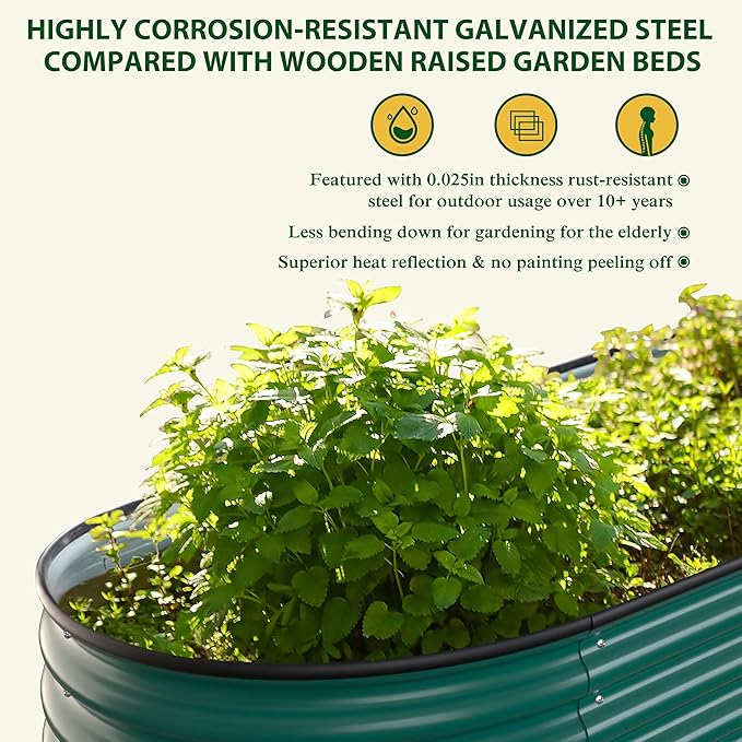 MUPATER Galvanized Raised Garden Bed 8x2x2ft 9-in-1 Metal Raised Planter Box with Aluminum Support Rods Oval for Outdoor Vegetable Flower Backyard and Patio Green