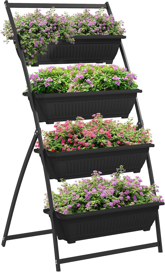 Raised Garden Bed 4 Tier Vertical GPlanter Set 4 Outdoor Planter Boxes with Stand Self Draining Design Elevated Gfor Vegetable Flowers Herbs Black