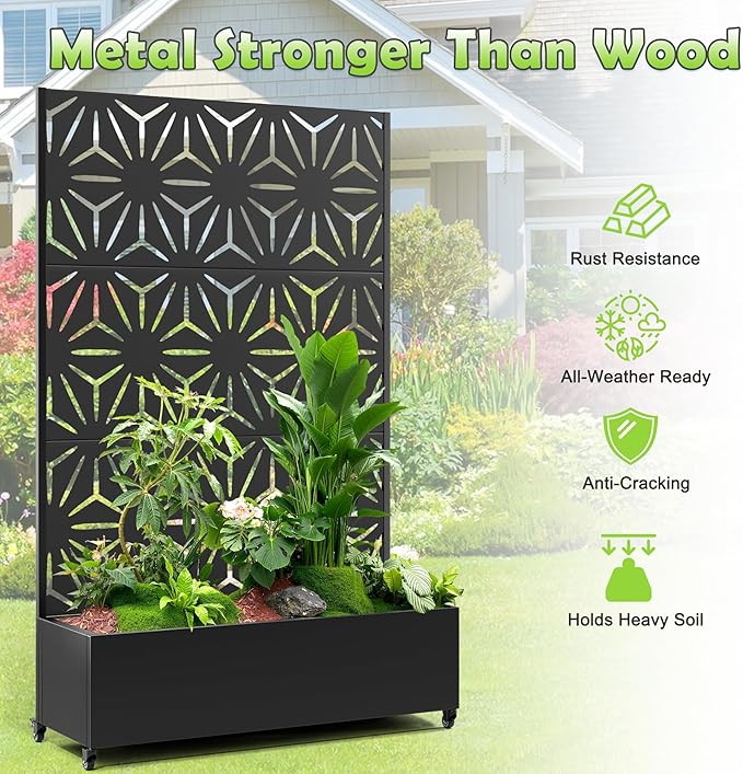 15.7×70.9×47.2 Metal Raised Garden Bed with Trellis and Wheels - Tall Trellis Planter Box for Climbing Plants Vegetables &amp Vines - Outdoor Privacy Planters for Patio (Black-Star)