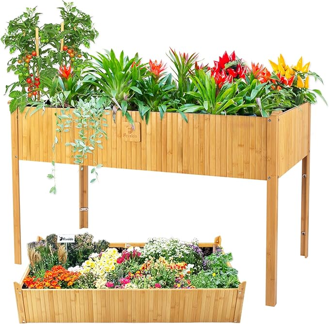 Raised Garden Bed - 2-Tier Elevated Planter Box for Herbs Vegetables Succulents &amp Flowers | 48x25x30 Inch Standing Growing Bed | Outdoor/Indoor Bamboo Planter