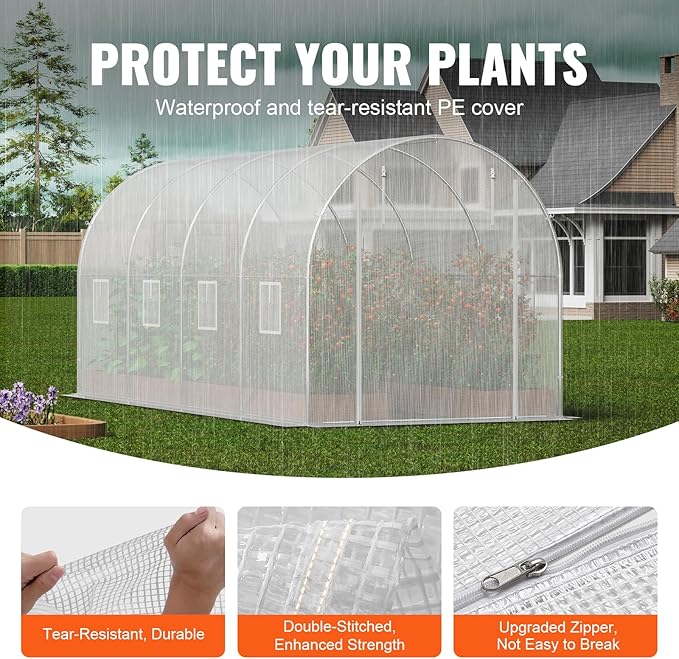 VEVOR Walk-in Tunnel Greenhouse 14.6x6.4x6.3 ft Hoop House Greenhouse Tunnel Plant Hot House with Galvanized Steel Frame White PE Cover Roll-up Zipper Door and 8 Windows for Outdoor