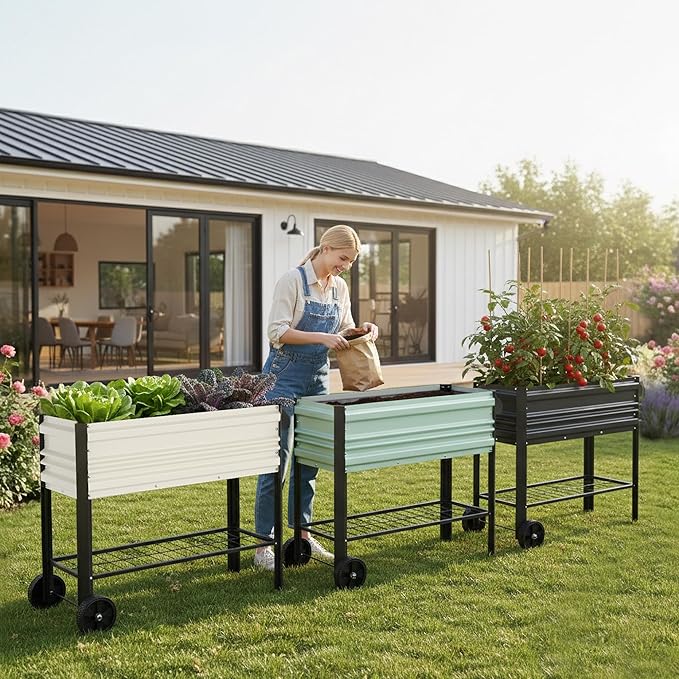 WORKPRO Galvanized Raised Garden Bed with Legs &amp Wheels 37x14.6x31.6in 400LB Capacity Elevated Planter Box for Garden Backyard Patio &amp Deck Light Green