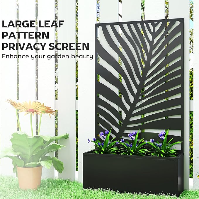 Outsunny Metal Raised Garden Bed with Trellis for Climbing Plants Freestanding or Wall Mounted Flower Bed with Privacy Panel Large Leaf Cut-Out Outdoor Planter Box for Garden Patio Balcony