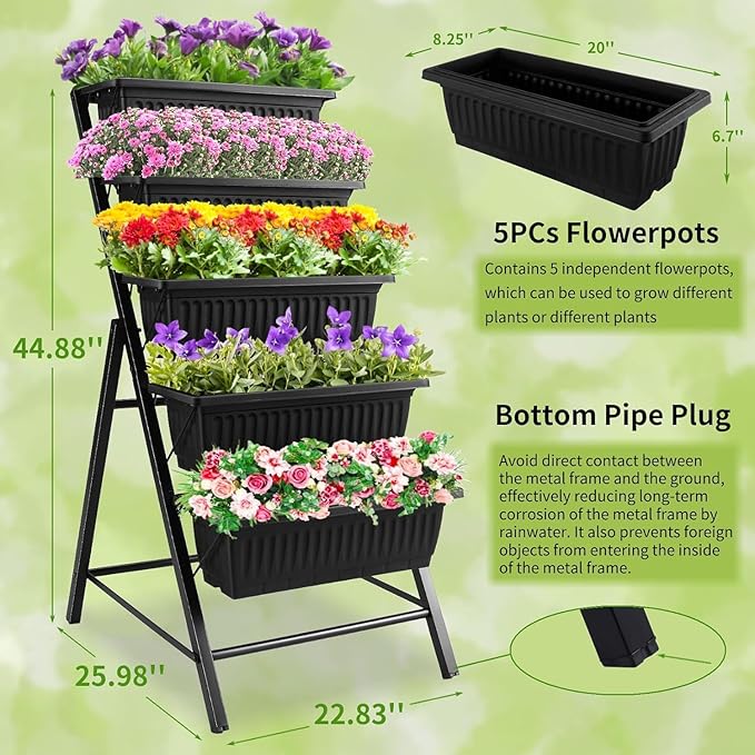Homdox 2 Pack Vertical Garden Bed 5 Tiers Vertical Raised Garden Planter 23 * 26 * 45Inch Outdoor Garden Raised Bed with 4 Hooks Vegetable Flower Planter Raised Stand for Garden Patio Yard Black