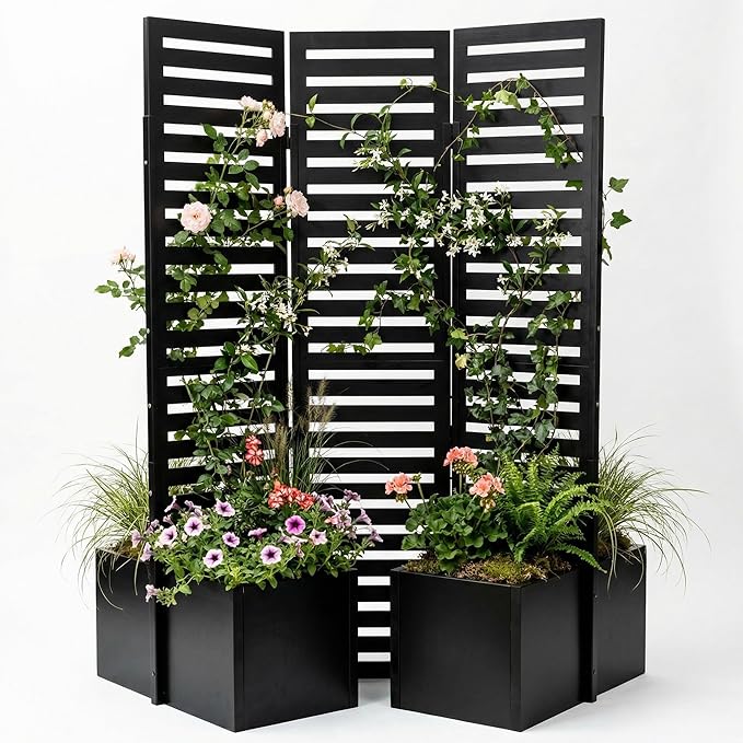 Privacy Screen with Planter Box 3-Panel Outdoor Privacy Planters Freestanding Room Divider with Self-Draining Raised Garden Beds &amp Trellis Metal Garden Fence Panel for Patio Deck Yard