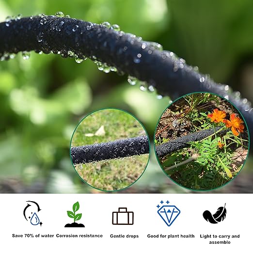 Customizable Soaker Hose System 1/2inch 75ft Rubber Hose with 50ft PVC Garden Hose Drip Irrigation Watering Hose with Reinforced Fittings for Flowers Bed Foundation Lawn Vegetable Tree