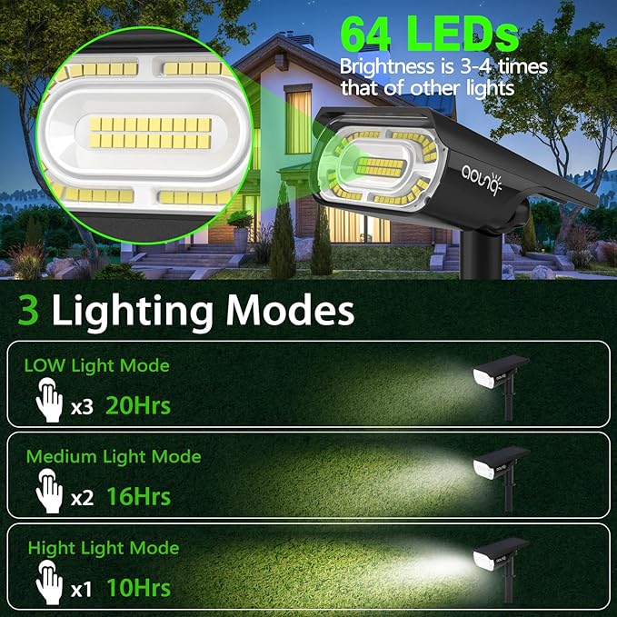 Solar Spot Lights Outdoor 1000 Lumens 64 LEDs IP67 Waterproof Landscape Lighting with 4 Modes - 2-in-1 Solar Spotlight &amp Pathway Light for Garden Yard Patio Decor 4 Pack