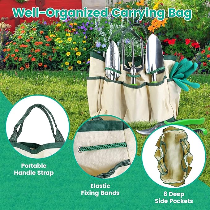 Gardening Tool Set 13Pcs Aluminum Alloy Gardening Hand Tools with Large Garden Bag Durable Outdoor Hand Tools Gardening Kit with Ergonomic Handle Gifts for Women Men