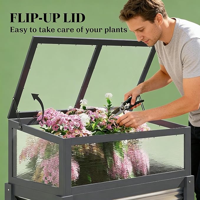 Elevated Raised Garden Bed with Flip-Up Mini Greenhouse Top – Wood Planter Box for Flowers Vegetables &amp Herbs – Weather-Resistant Outdoor Galvanized Metal Frame (Gray)