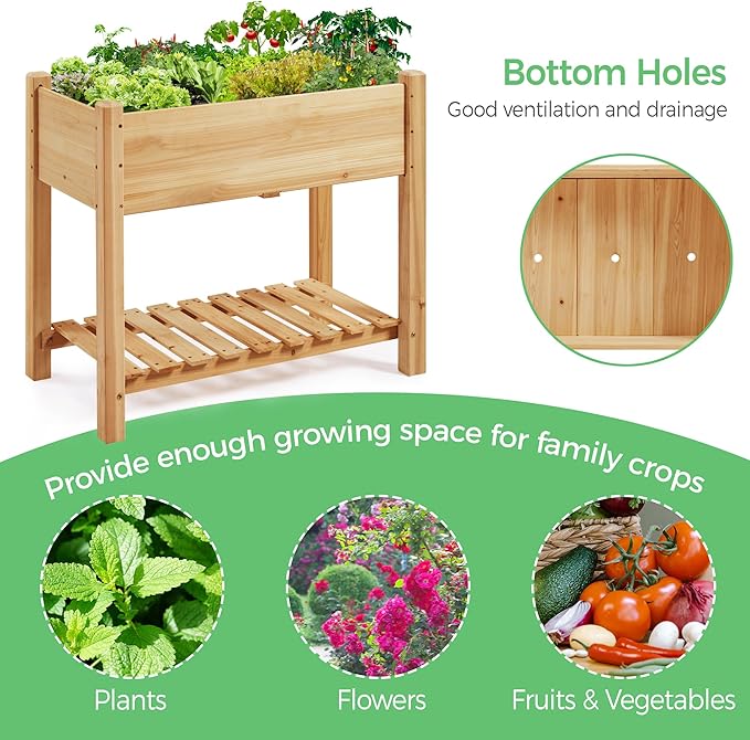 Yaheetech 34x18x30in Horticulture Raised Garden Bed 2pcs Planter Box with Legs &amp Storage Shelf Wooden Elevated Vegetable Growing Bed for Flowers Backyard Patio Balcony Light Brown