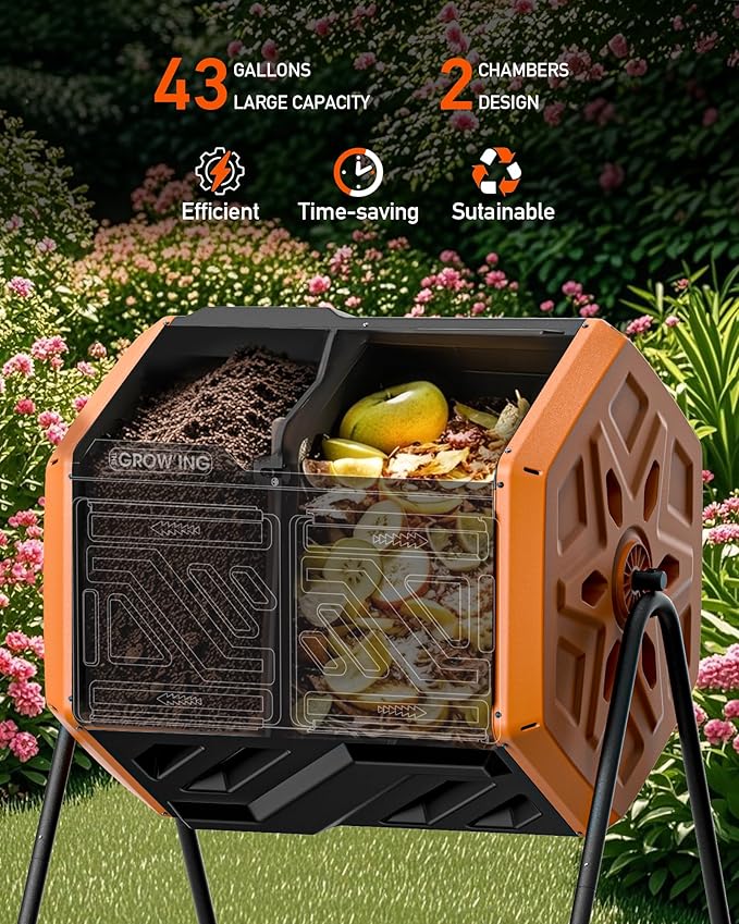 THEGROW'ING Updated 43 Gallon Compost Bin Outdoor Fast Assemble Tumbling Composter Dual Chamber Composter Tumbler Rotating Compost Bin for Outside Backyard Garden and Yard Orange
