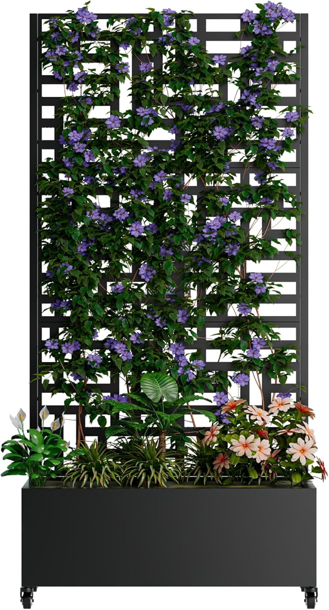 Mobile Metal Planter Box with Trellis 4-Wheel Raised Garden Bed for Climbing Plants All-in-One Planter with Privacy Screen for Vegetables &amp Vines