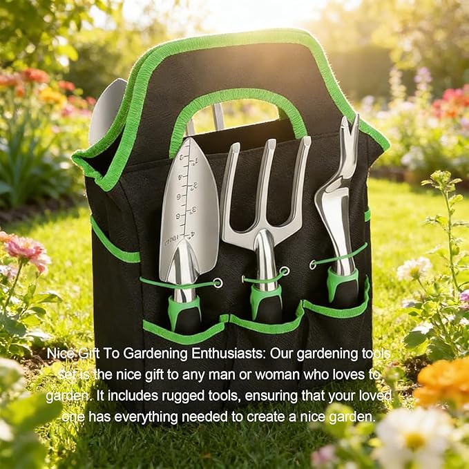 Fockety Gardening Tools Set 8 Piece Heavy Duty Magnesium Aluminum Alloy Garden Tools Set with Ergonomic Handles and Tote Bag for Men and Women