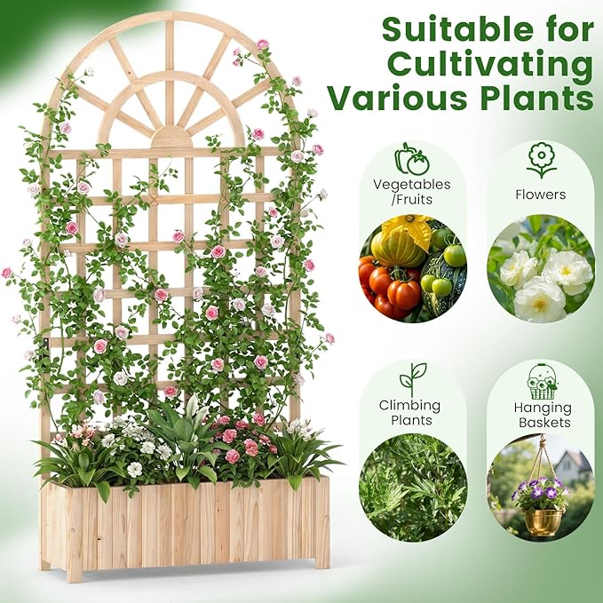 Happygrill Wooden Raised Garden Bed with Trellis Outdoor Planter Box with Drainage Holes Privacy Screen Natural Fir Wood Elevated Garden Bed for Climbing Plants Flowers (2 Natural 36''x12''x71'')