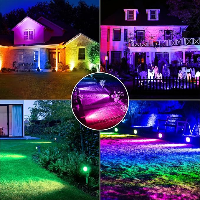 CLY Solar 6 in 1 RGB Spotlights Outdoor Garden 10 Colors 12 Modes Solar Garden Floodlight Landscape Spotlights IP66 Waterproof 59.06ft Cable Spike Light for Lawn Patio Balcony