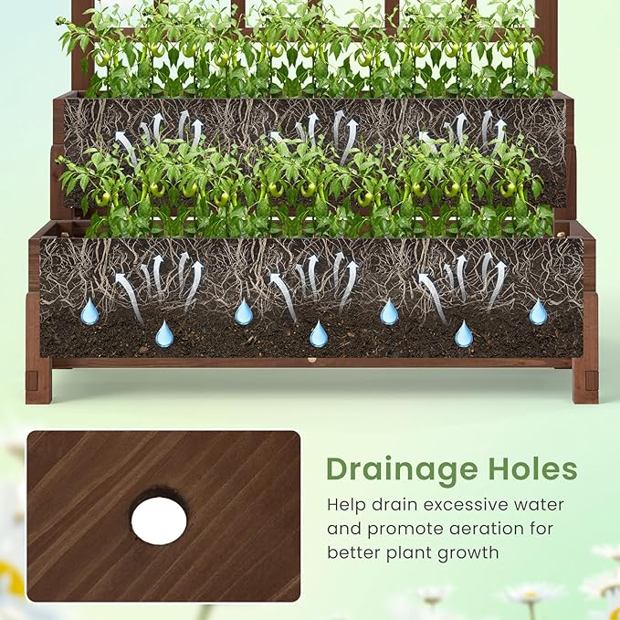 Byroce Outdoor Raised Garden Bed Garden Planter Box with Lattice Trellis Legs &amp Drainage Hole 2-Tier Standing Elevated Planter for Flower Fruit Vegetable &amp Climbing Plants in Patio Balco