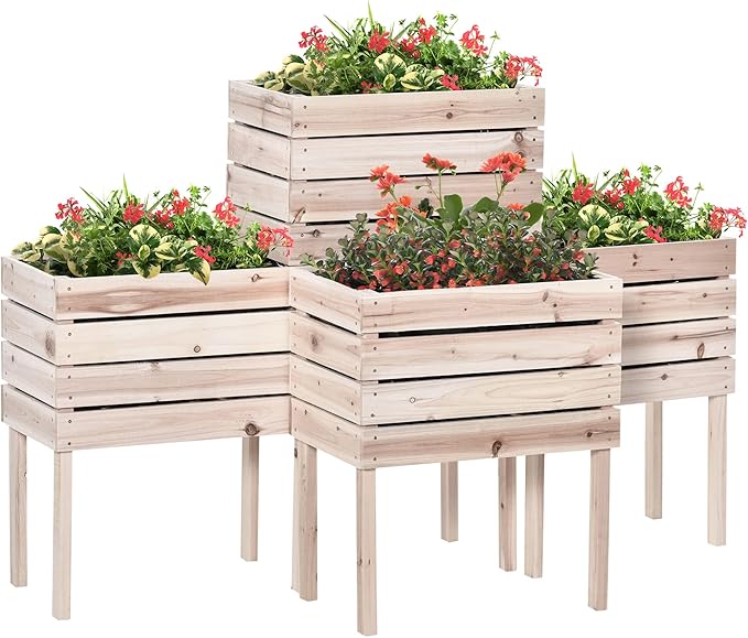 4PCS Raised Garden Bed Wooden Elevated Planter Box Kit with Bed Liner DIY Shape for Flowers Vegetables