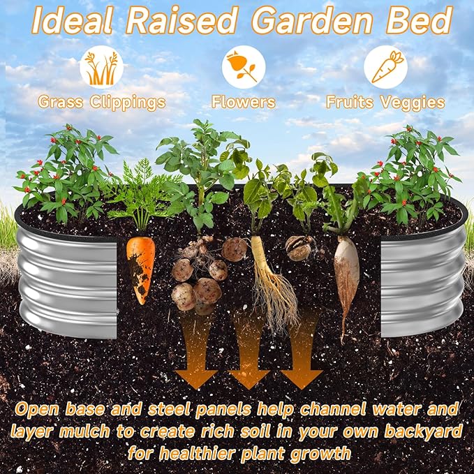 Galvanized Raised Garden Bed Outdoor // 5×2.4×0.9ft Oval Garden Bed for Gardening Vegetables Flowers // Sturdy Metal Planter Box Silver 0.6mm Thickness // Durable and Easy to Install