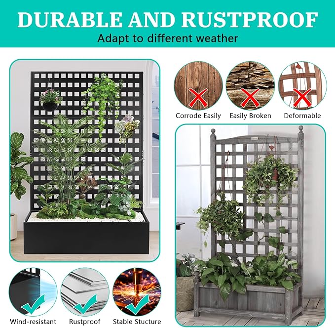 Metal Planter Box with Trellis Raised Garden Bed with Drainage Holes Privacy Planters for Patio as a Privacy Screen for Climbing Plants Outdoor (46x18x71Inch)