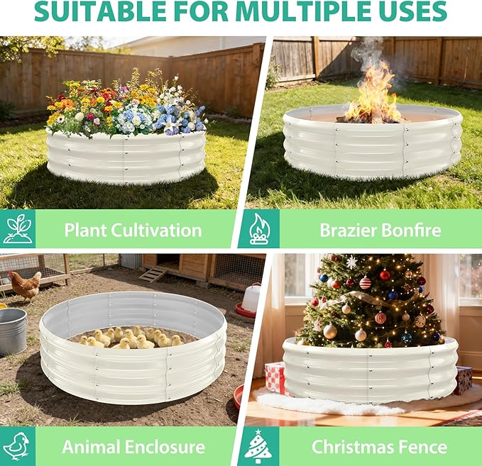 4FT Diameter Galvanized Garden Raised Bed/Plant Box/Fire Pit Ring - 0.8mm Thick12 Inch TallPerfect for Planting a Variety of FlowersHerbsVegetables (Cream White 48 Dia X 12inches)