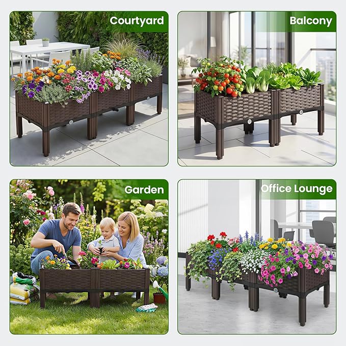 4Pcs Plastic Raised Garden Bed62.4×15.6×14.4 Elevated Wicker Planter Box with Self-Watering System Plants Garden Boxes with Legs for Growing Fresh VegetablesFruitFlowers and Herbs