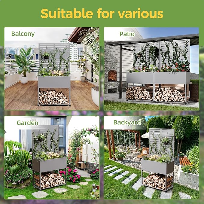 Raised Garden Bed with Trellis Metal Raised Planter Box with Trellis Privacy Planters for Patio Raised Garden Beds Outdoor Standing with Drainage Holes Wheels Grey