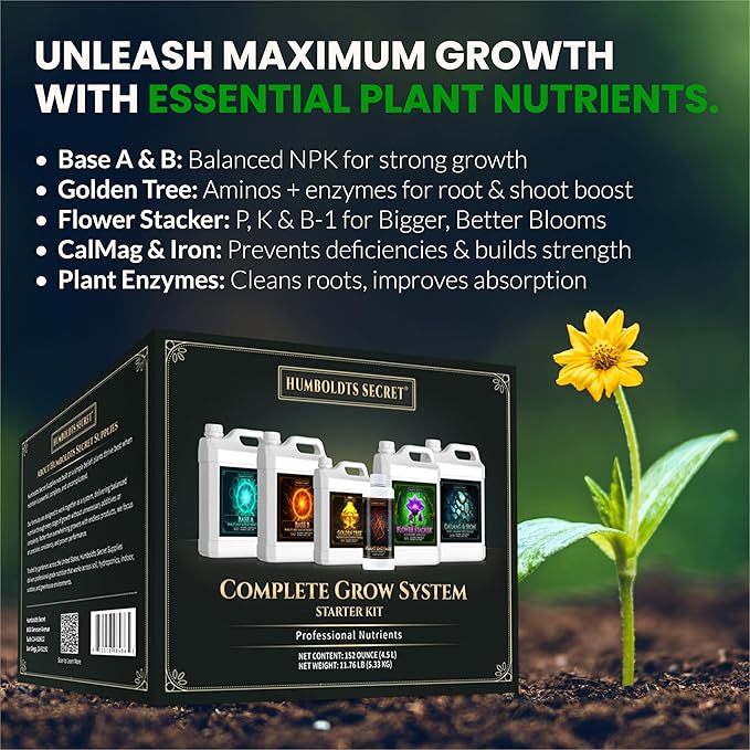 Humboldts Secret Starter Kit Pack | Indoor and Outdoor Plant Fertilizer and Hydroponic Nutrients | Base A &amp B CalMag and Iron Golden Tree Flower Stacker Plant Enzymes | Complete Garden System