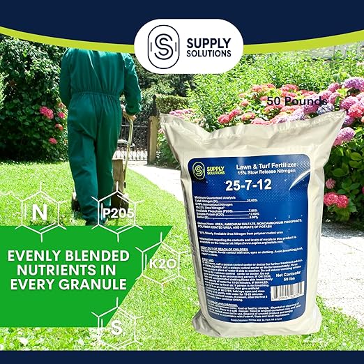 Supply Solutions 25-7-12 Lawn and Turf Fertilizer - 15% Slow Release Nitrogen Lawn Fertilizer for All Grass Types Shrubs - Turf Builder Plant Food Covers 12500 sq.ft (50lbs)