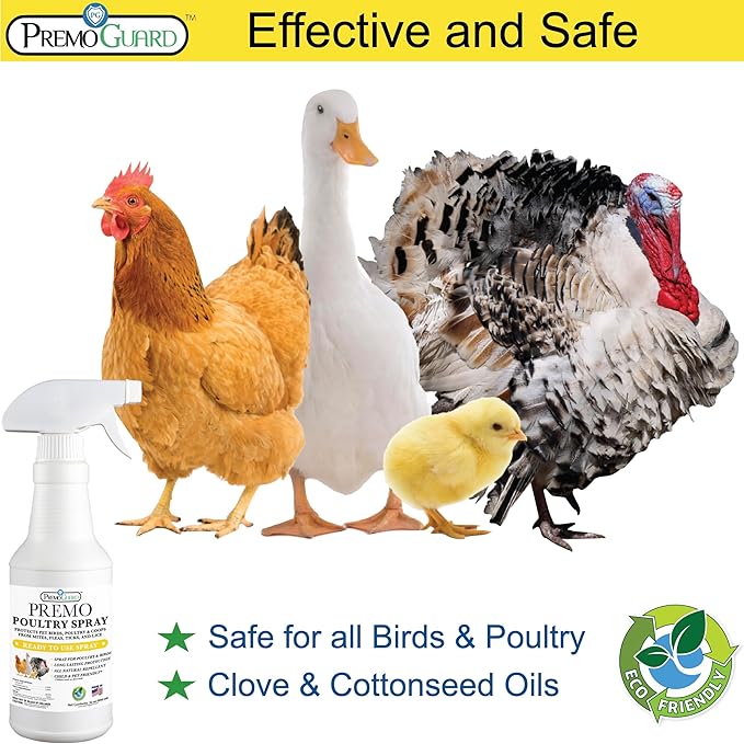 Premo Guard Poultry Spray - 32 oz - Kill Scaly Leg Mites Fleas Lice &amp Other Pest on Chickens and in Coops - Natural Plant Based Oils for Control &amp Prevention - Family Safe with No Egg Wit