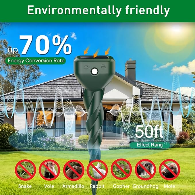 Mole Repellent Solar Powered 4 Pack Snake &amp Rabbit Repellent for Yard IP 65 Waterproof Ultrasonic Deterrent Stakes Get Rid for Armadillo Gopher Vole Chipmunk Deer Groundhog for Lawns Garde