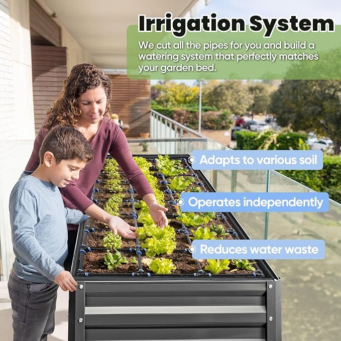 KING BIRD Raised Garden Bed with Irrigation System and Legs Galvanized Elevated Planter Box for Backyard Patio Balcony 600lb Capacity Dark Grey 70.9x22.8x31.5 in