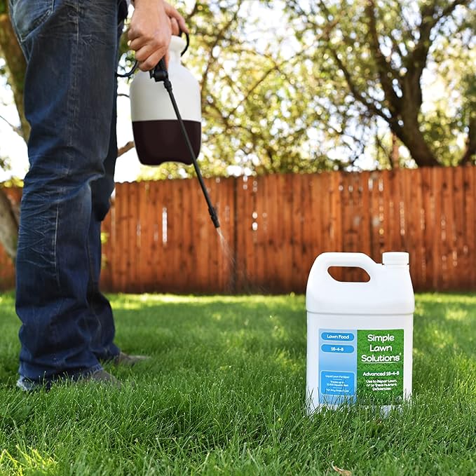 Advanced 16-4-8 Lawn Fertilizer - Liquid Lawn Food Spring &amp Summer Concentrated Spray - Any Grass Type- Fish and Seaweed Kelp- Balanced NPK - Simple Lawn Solutions (1 Gallon)
