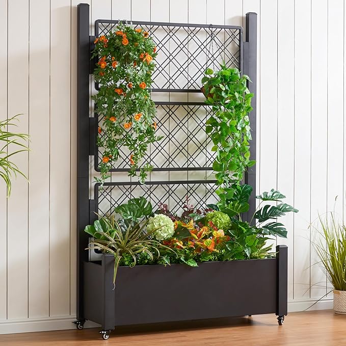 Metal Raised Garden Bed with Trellis 72Hx46Wx16D Inch Large Outdoor Planter Box for Climbing Plants Vegetables &amp Vines Privacy Screen with Wheels and Drainage Holes Black