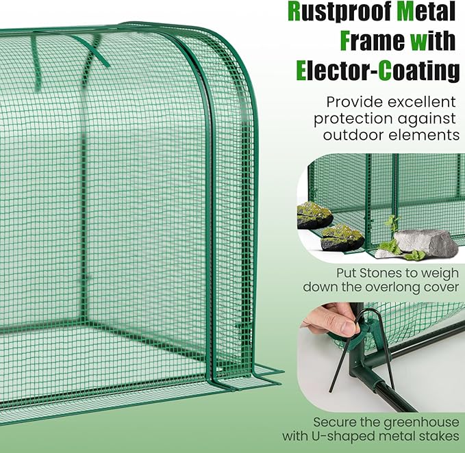 Giantex Raised Garden Bed with Cover Wood Elevated Planter Box with Legs &amp Mini Greenhouse Waterproof Sun-Protective PE Green House Cover Outdoor Use for Fruit Vegetable Flower Herb (Green+Natu