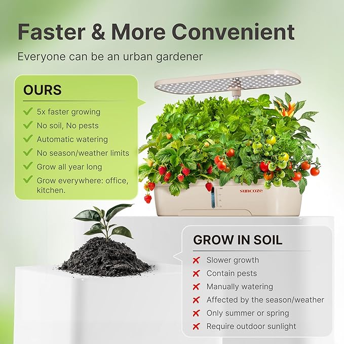 SUNCOZE Hydroponics Growing System Kit 12 Pods Indoor herb Garden with 20W LED Grow Light Visible Water Tank with Pump 2.2-12.4 Adjustable Height Indoor Gardening System Gardening Gifts Beige
