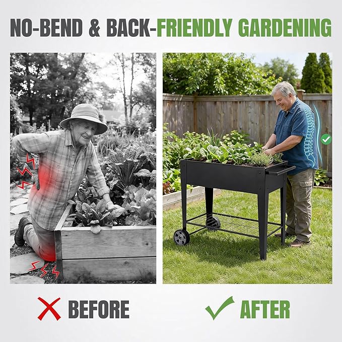 INNO STAGE 31.5 Tall Raised Garden Bed with Legs &amp Wheels- Elevated Planter Box with Shelf Anti-Rust Metal Galvanized Steel Garden Bed for Herb Vegetable Gradening Patio Balcony Backyard
