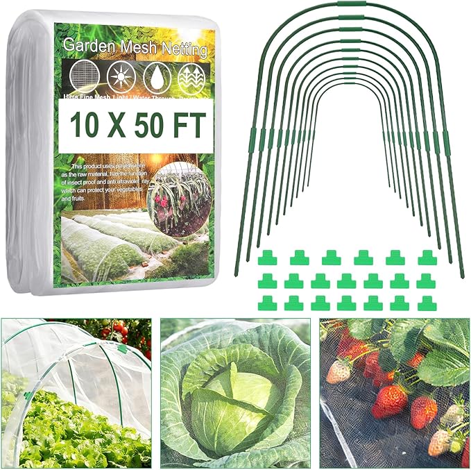 Garden Netting Kit 10 X 50FT Garden Netting Pest Barrier with 10 Sets Garden Hoops and 20pcs Clips Insect Netting Row Cover for Raised Beds Vegetable Fruits Flowers Protection