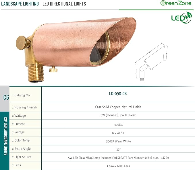 Westgate Lighting LED Directional Landscape Light - Solid Copper Spotlights with Natural Finish - 12V - All Accessories Included