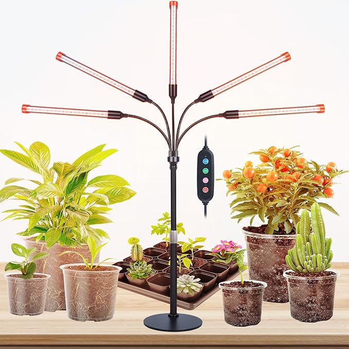 FECiDA 2026 5Head Table Top Grow Lights for Seed Starting Indoor Plants Bonsai 45 Watt Power Draw NO Need Adapter 4/8/12/16/20H Timer 16-24 Height Adjustable Big Coverage