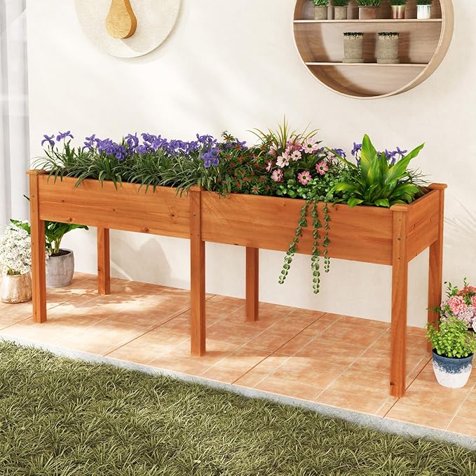 Raised Garden Bed with Legs Elevated Planter Box with Divider &amp 8 Drainage Holes Fir Wood Garden Box for Vegetables Flowers Fruits &amp Herbs (Brown Yellow)