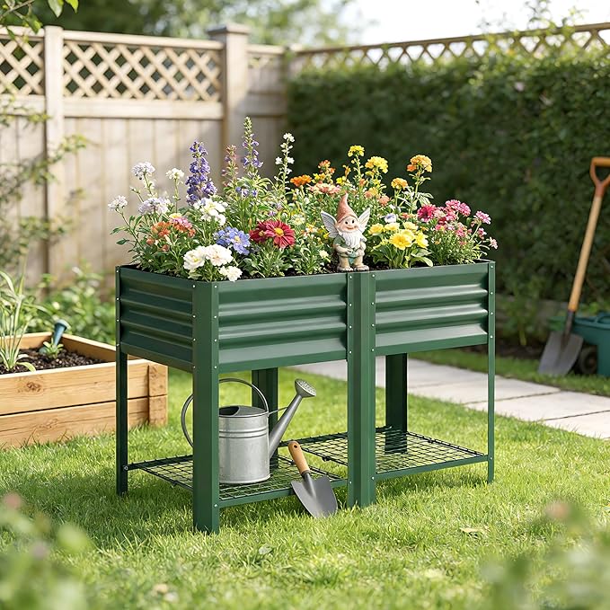 Outsunny Galvanized Steel Raised Garden Bed with Storage Shelf and Bed Liner Elevated Planter Box with Legs for Flowers Vegetables and Herbs for Outdoor Patio Yard Glove Included Green