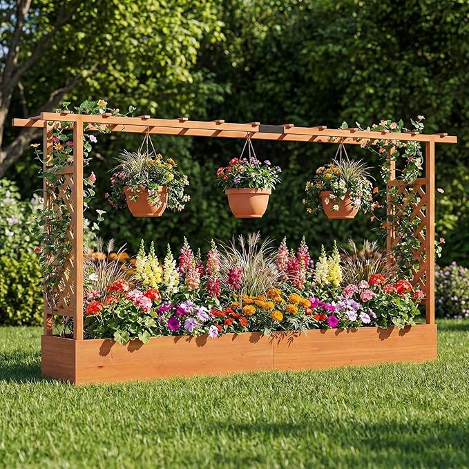 Giantex Wooden Raised Garden Bed with Trellis &amp Hanging Roof 2 Pack Fir Wood Planter Box 45” Freestanding Elevated Garden Bed for Outdoor Climbing Plants Vegetables Flowers Patio &amp Balcony