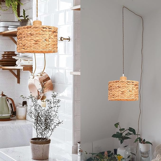 Full Spectrum Plug-in Lamp with Integrated Circulating Fan Timer Swag Hanging Boho Plant Growing Light by Remote Control Hemp Rope Cord Dimmable for Indoor Planting Portable 30W