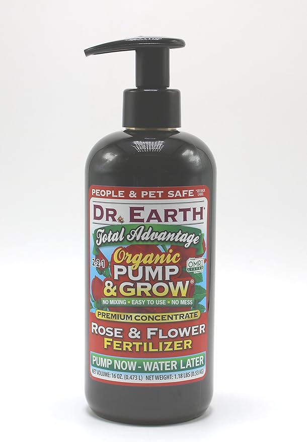 Dr. Earth Organic &amp Natural Pump &amp Grow Total Advantage Rose &amp Flower Fertilizer 16 oz Red