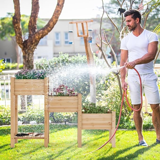Byroce 3-Tier Raised Garden Bed Wooden Elevated Garden Bed with 3 Planter Boxes Open Storage Shelf &amp Drainage Holes Fir Wood Outdoor Planter Stand for Flower Vegetable Herb in Garden Yard &amp