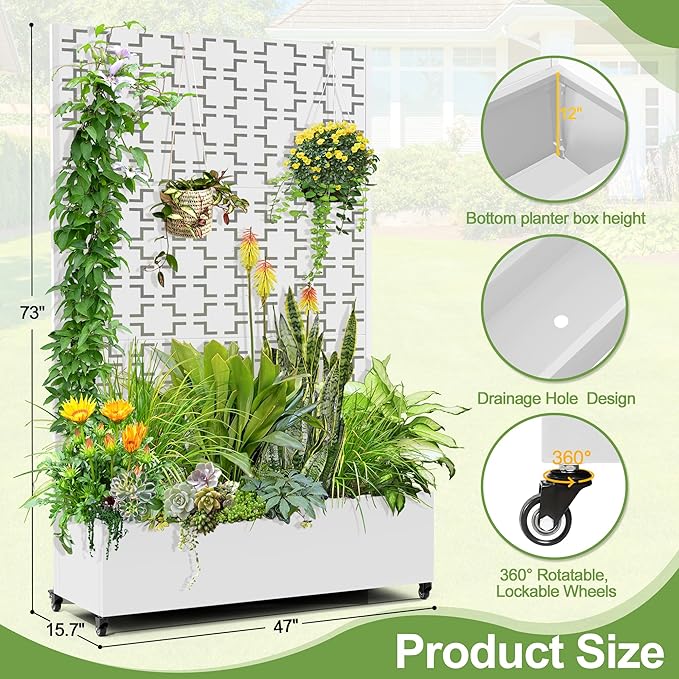 Raised Garden Bed with Trellis and Wheels73x47x16 Metal Raised Garden BedWhite Squared Metal Planter with Climbing Trellis for Vines &amp Vegetables