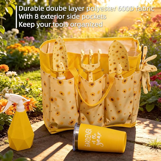 Garden Tool Set with Sunflower Print Heavy Duty Gardening Hand Tools with Garden Tool BagGardening Gifts for Women&ampMenYellow