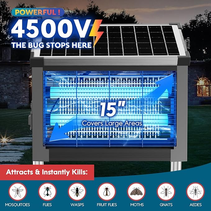 Solar Bug Zapper Outdoor PhatroyYee Mosquito Zapper 4500V Waterproof Portable Fly Zapper Rechargeable Electric Mosquito Killer Cordless Fly Insect Mosquitos Trap for Patio Yard Home Camping(Grey)