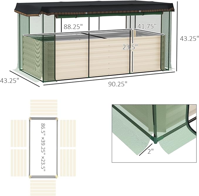 Raised Garden Bed for Flowers Veggies and HerbsGalvanized Steel Planter Box with Crop Cage and Shade Cloth KF705